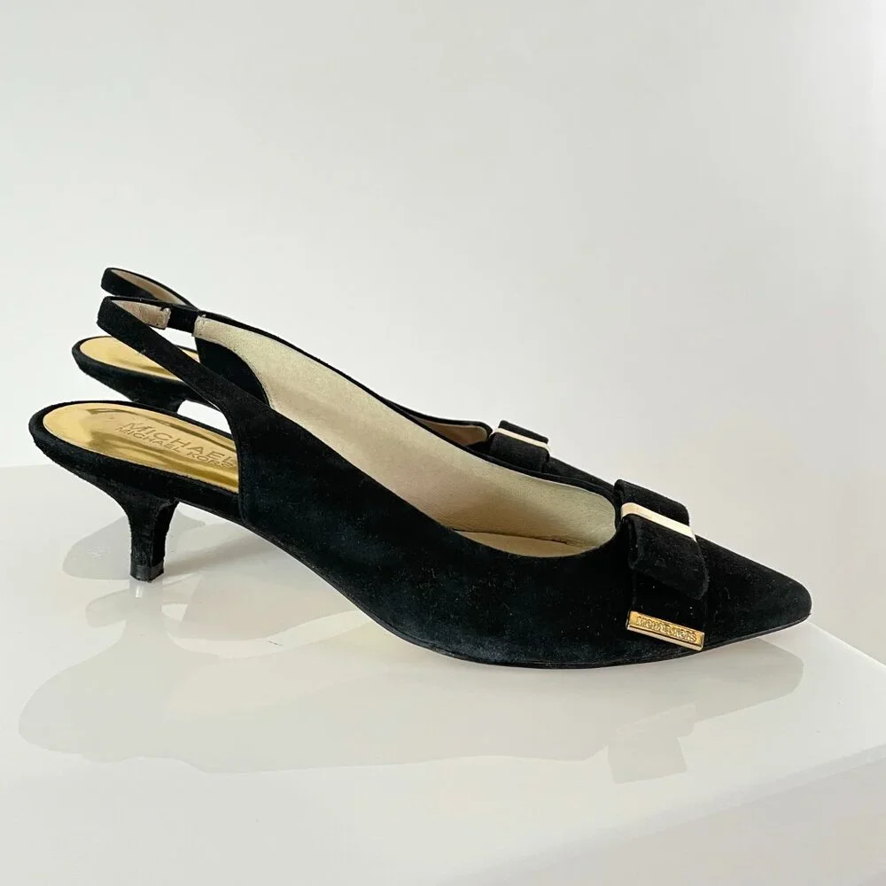 Minimalist | Michael Kors Black Suede Kitten Heel | Feminine Bow Gold Detail 9.5